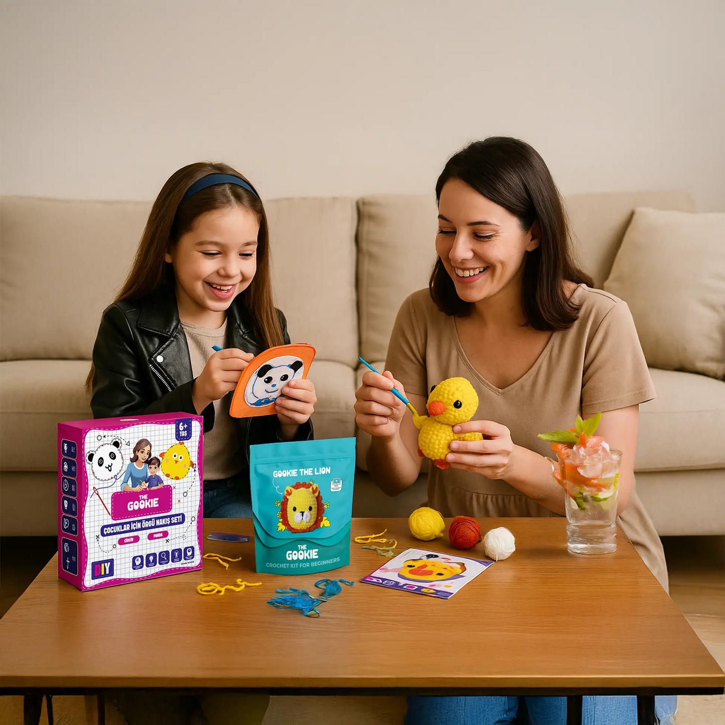 Çoçuklar İçin Keçe Panda Civciv Nakış Seti ve Amigurumi Aslan Örgü Kiti