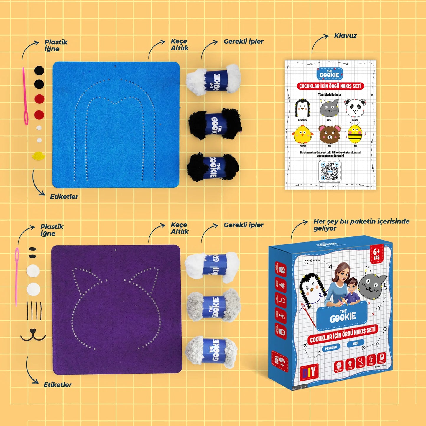 Çocuklar Için Kedi Penguen Keçe Örgü Seti
