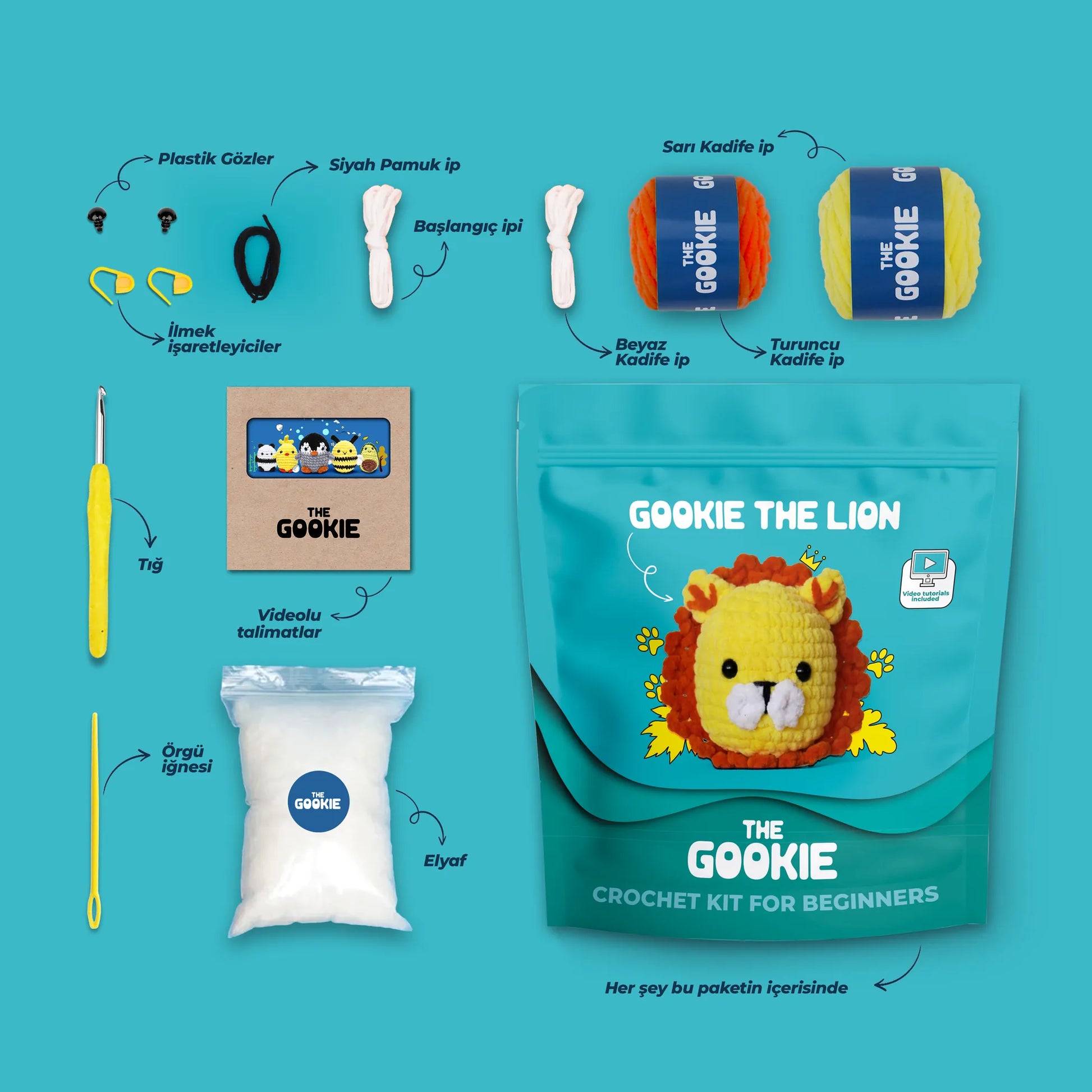 Çoçuklar İçin Keçe Panda Civciv Nakış Seti ve Amigurumi Aslan Örgü Kiti